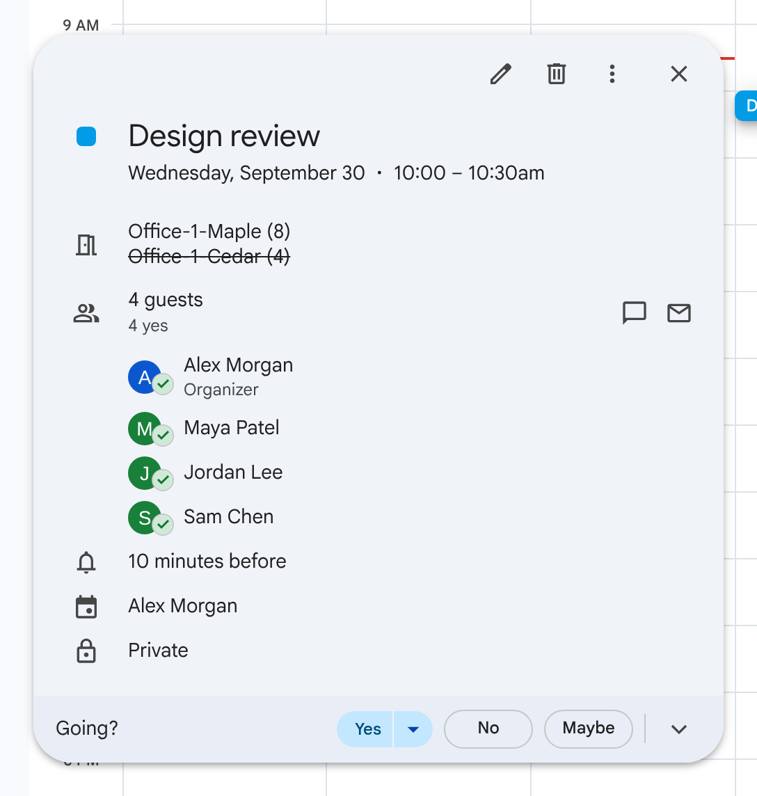 Google Calendar example with four fictional attendees and Maple accepted alongside the still-declined Cedar room.