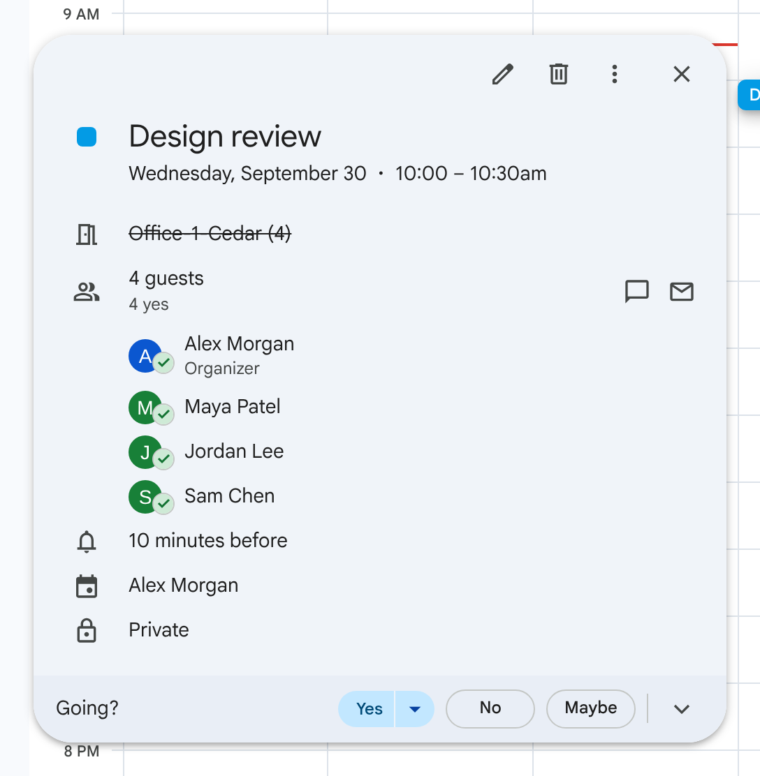 Google Calendar example with four fictional attendees and Cedar shown declined.